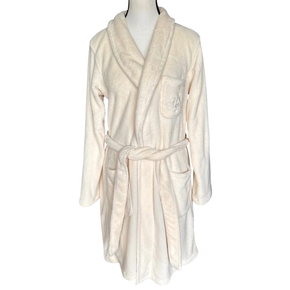 Lauren Ralph Lauren Cream Plush Fleece Monogram Robe Timeless Quiet Luxury M